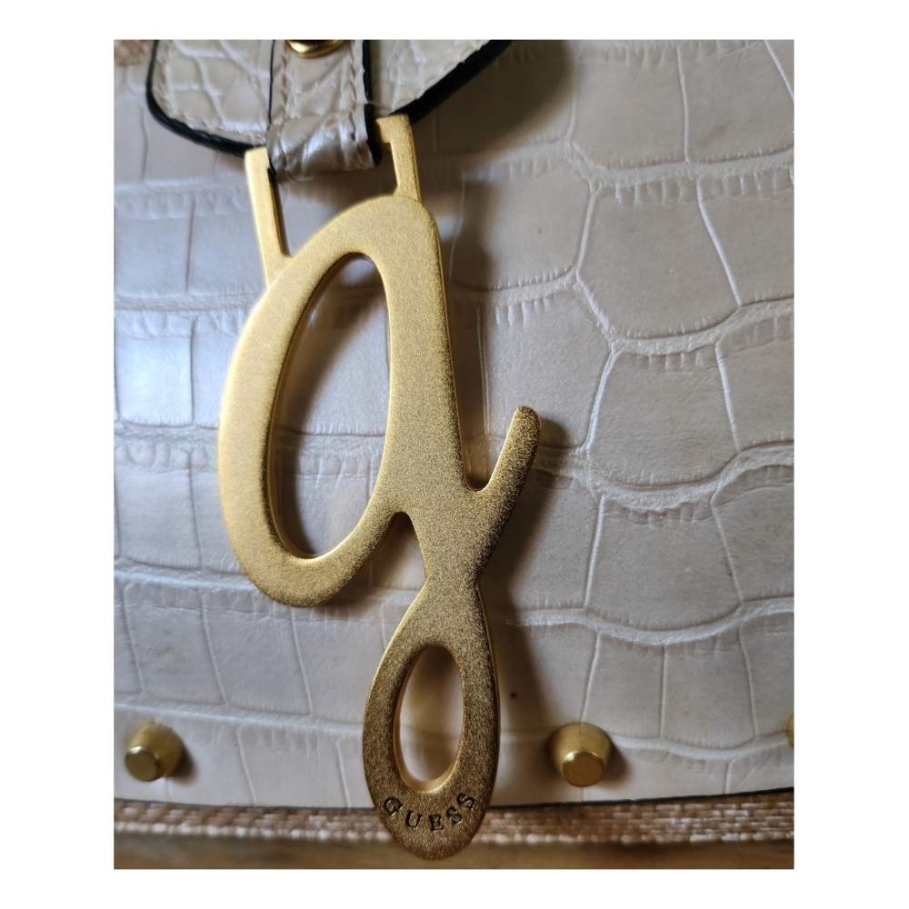 VINTAGE GUESS WOVEN STRAW / BEIGE MOC CROC DETAILED TOTE BAG - Picture 4 of 7
